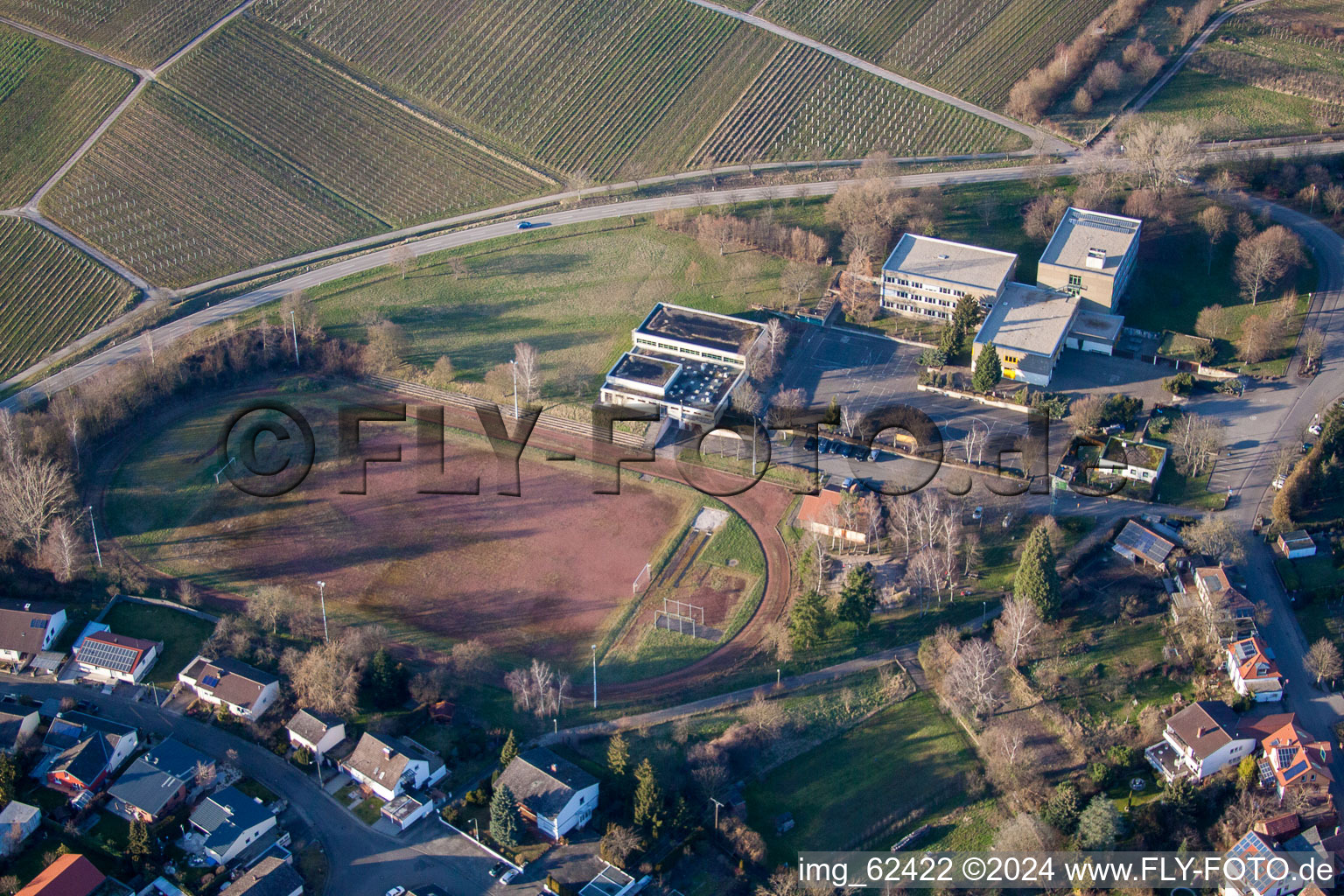 Aerial view of School in Ilbesheim bei Landau in der Pfalz in the state Rhineland-Palatinate, Germany