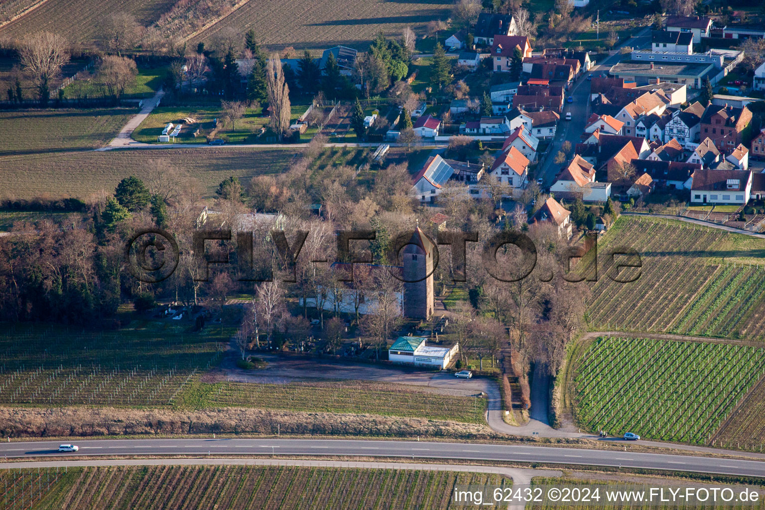 Aerial view of Prot. Church at the cemetery in the district Wollmesheim in Landau in der Pfalz in the state Rhineland-Palatinate, Germany