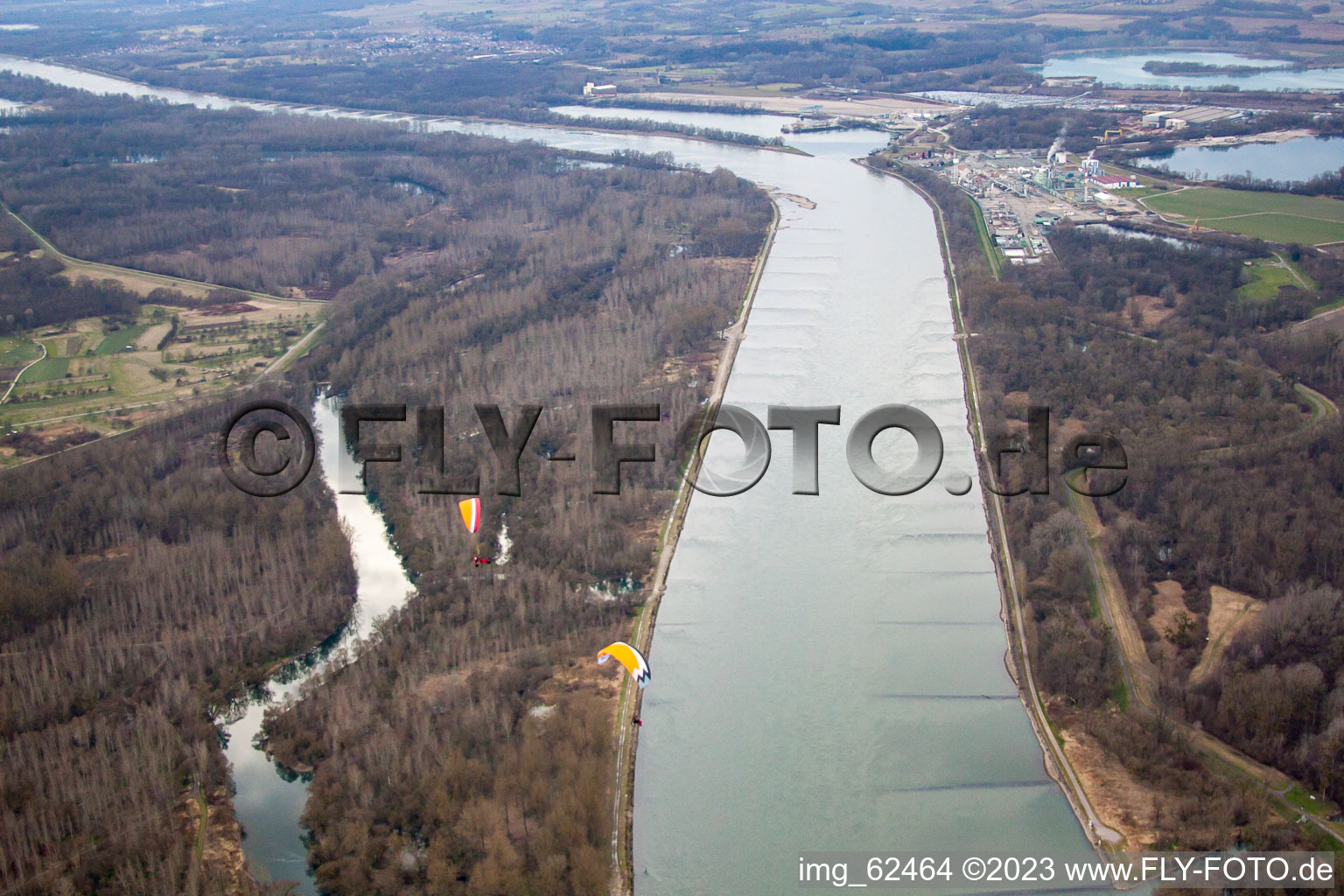Aerial view of Old Rhine Bremengrund in Au am Rhein in the state Baden-Wuerttemberg, Germany