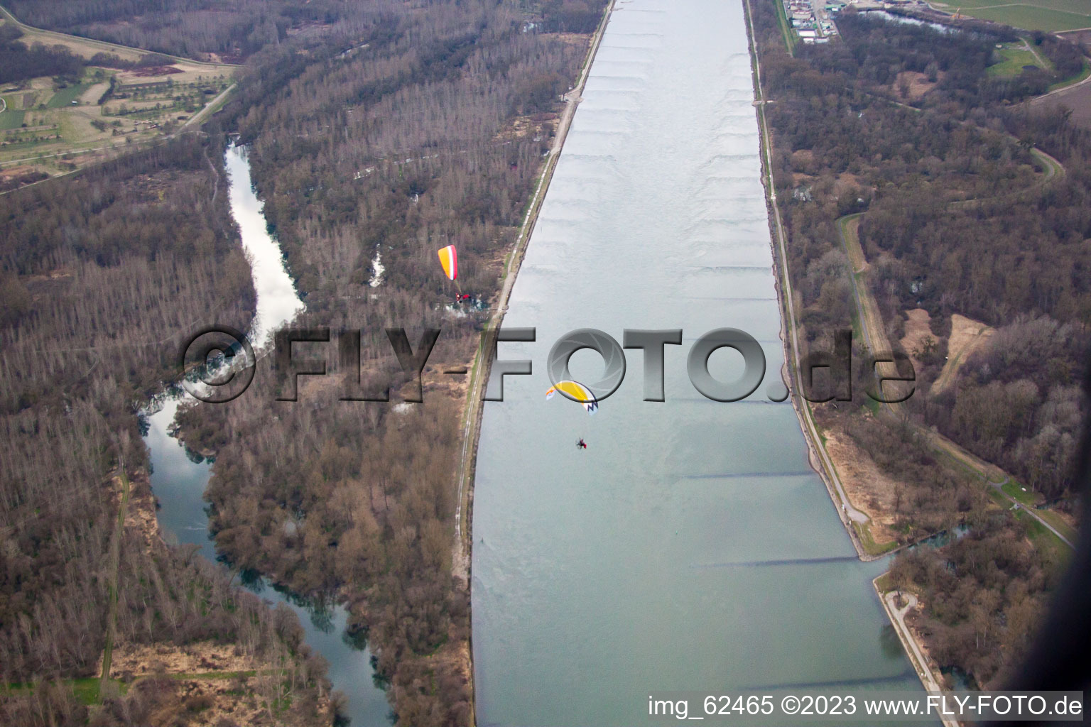 Aerial photograpy of Old Rhine Bremengrund in Au am Rhein in the state Baden-Wuerttemberg, Germany
