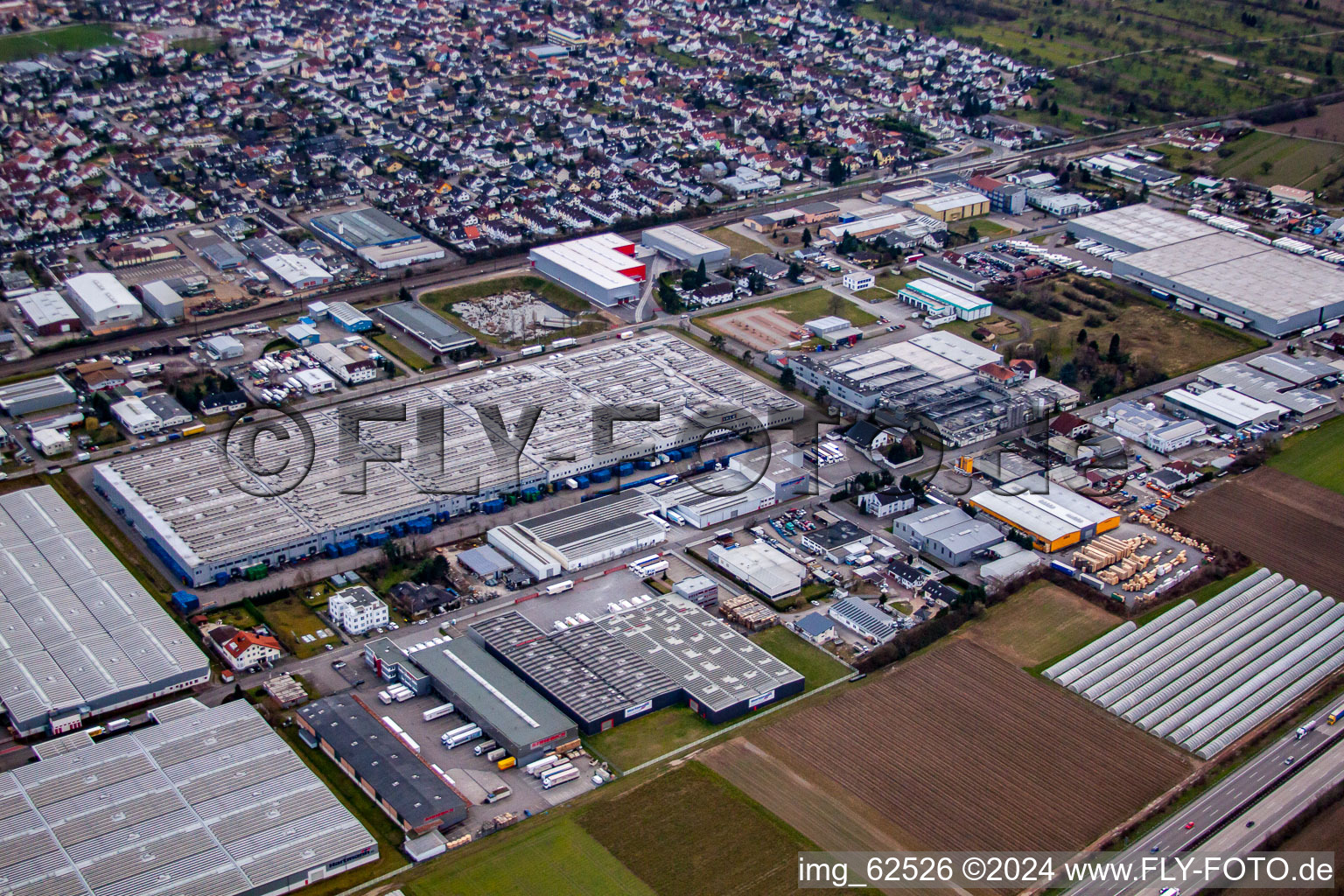 Aerial view of L'Oreal Germany Logistics Center in Muggensturm in the state Baden-Wuerttemberg, Germany