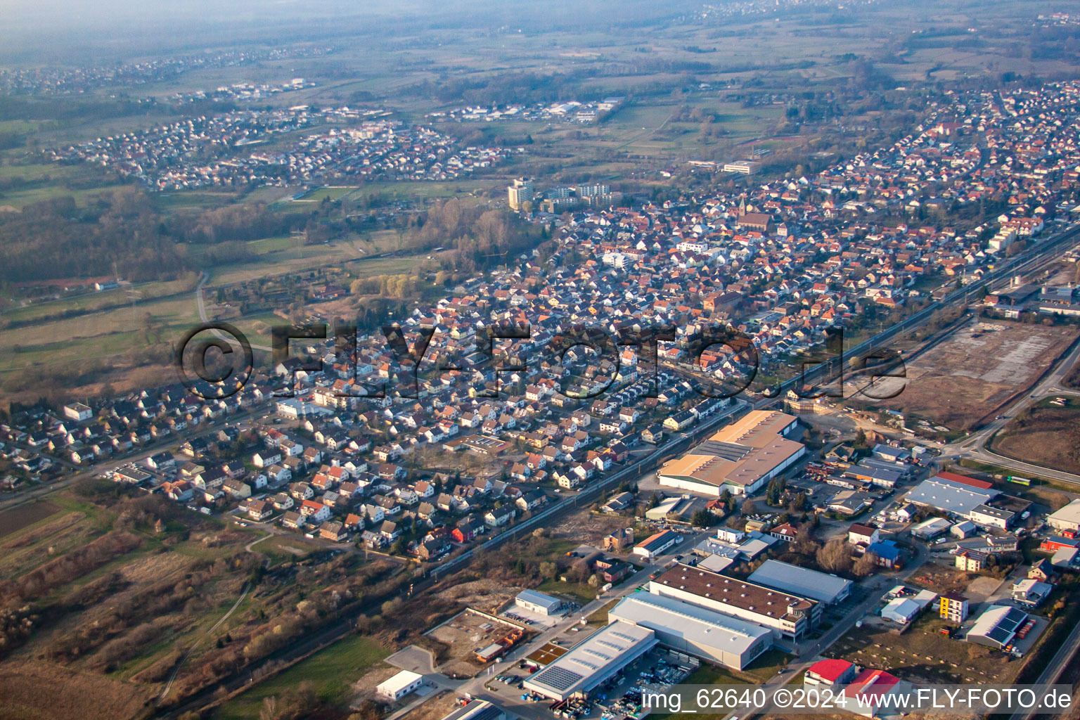 Aerial photograpy of Town View of the streets and houses of the residential areas in Durmersheim in the state Baden-Wurttemberg