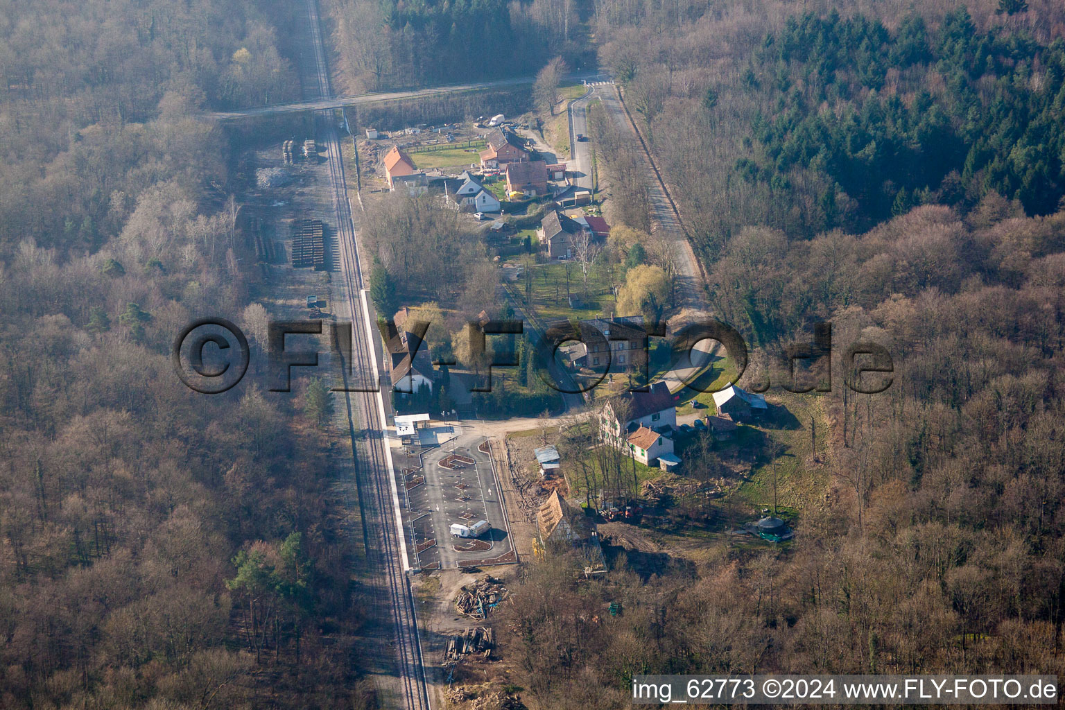 Aerial view of Railroad station in Surbourg in the state Bas-Rhin, France