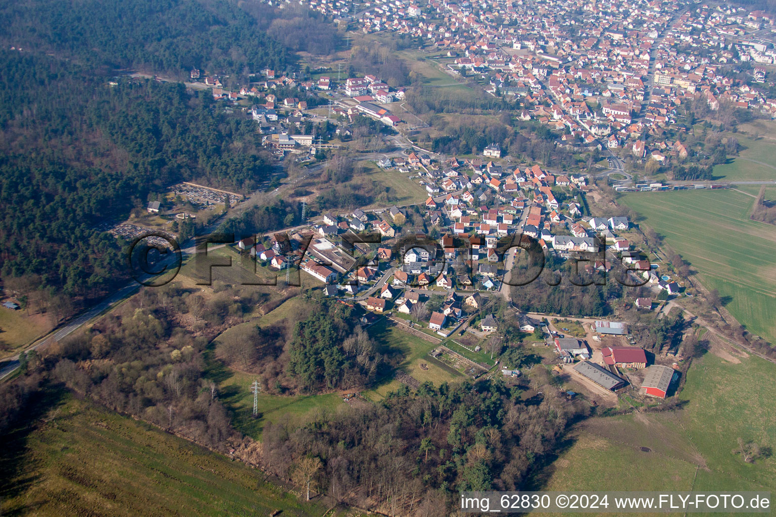 Schweighouse-sur-Moder in the state Bas-Rhin, France from a drone