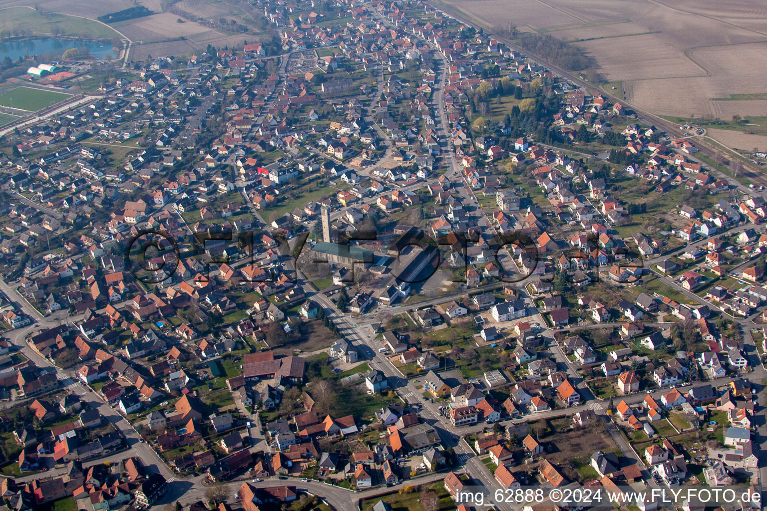 Bird's eye view of Gambsheim in the state Bas-Rhin, France