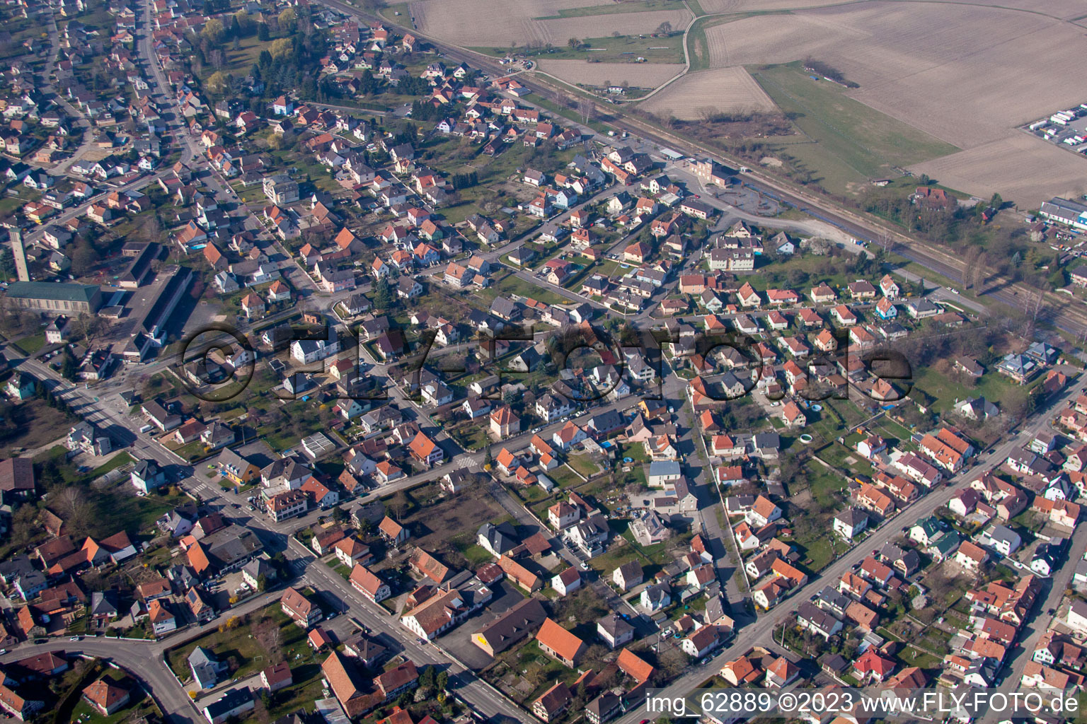 Gambsheim in the state Bas-Rhin, France viewn from the air