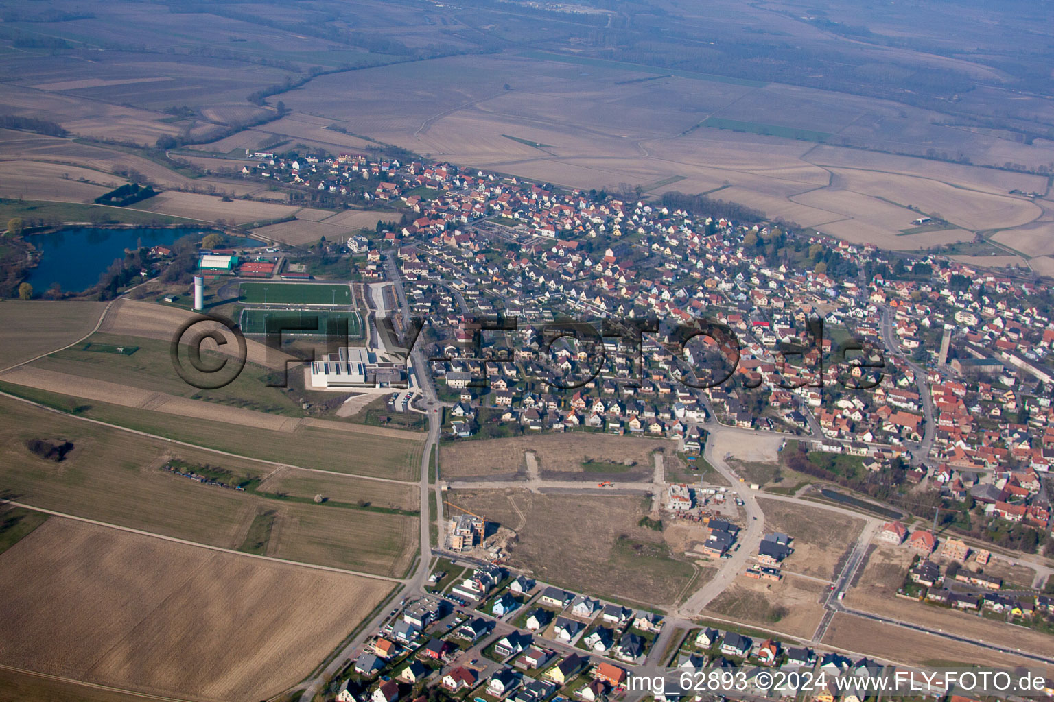 Gambsheim in the state Bas-Rhin, France from a drone