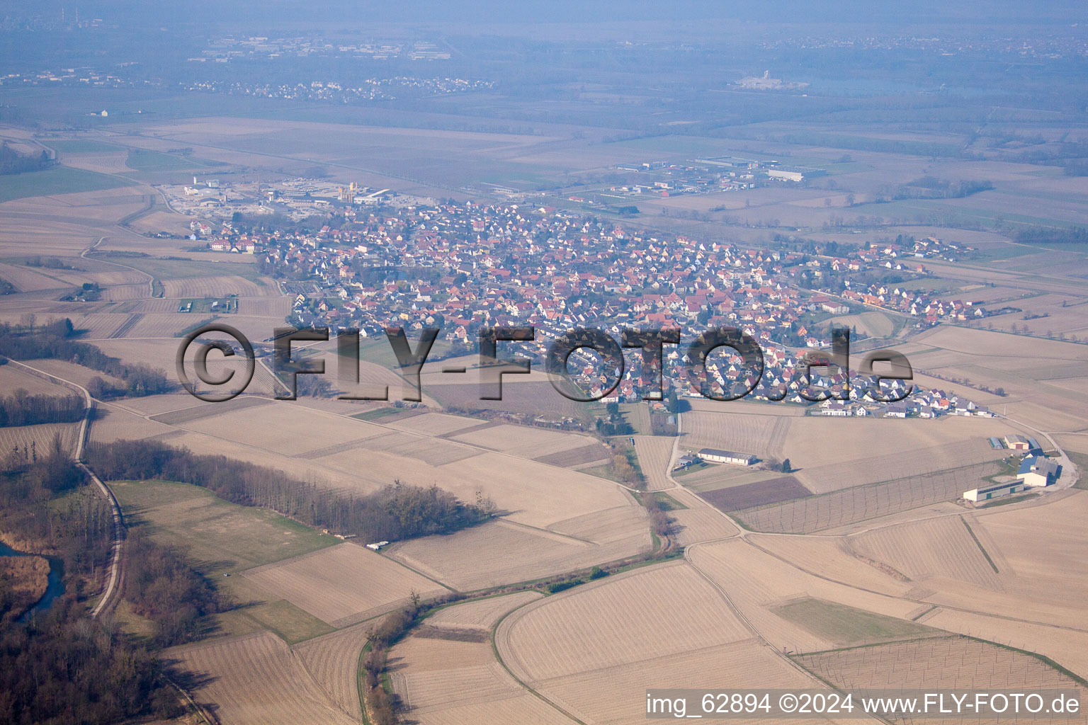 Gambsheim in the state Bas-Rhin, France seen from a drone