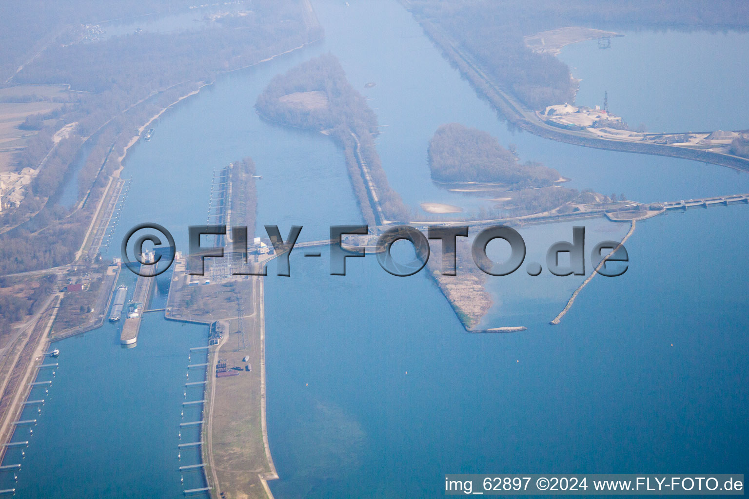 Sluice in Gambsheim in the state Bas-Rhin, France from the plane