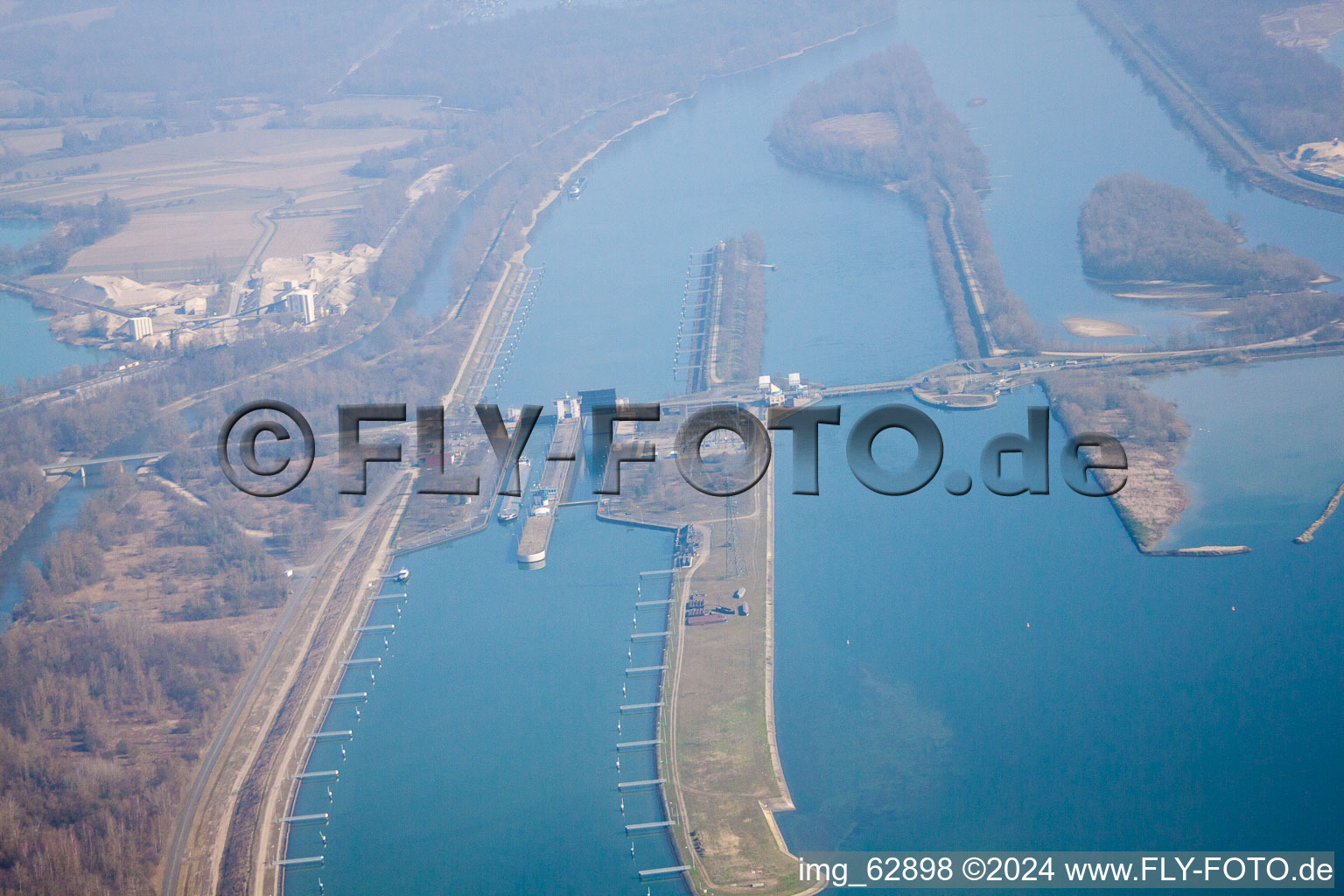 Bird's eye view of Sluice in Gambsheim in the state Bas-Rhin, France