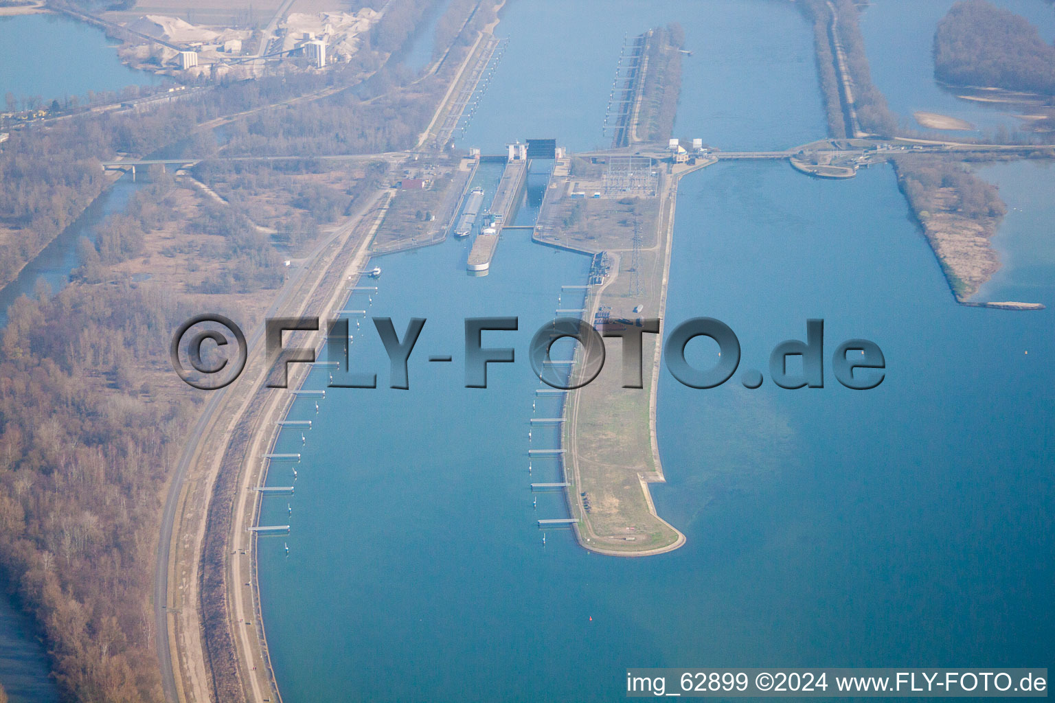 Sluice in Gambsheim in the state Bas-Rhin, France viewn from the air