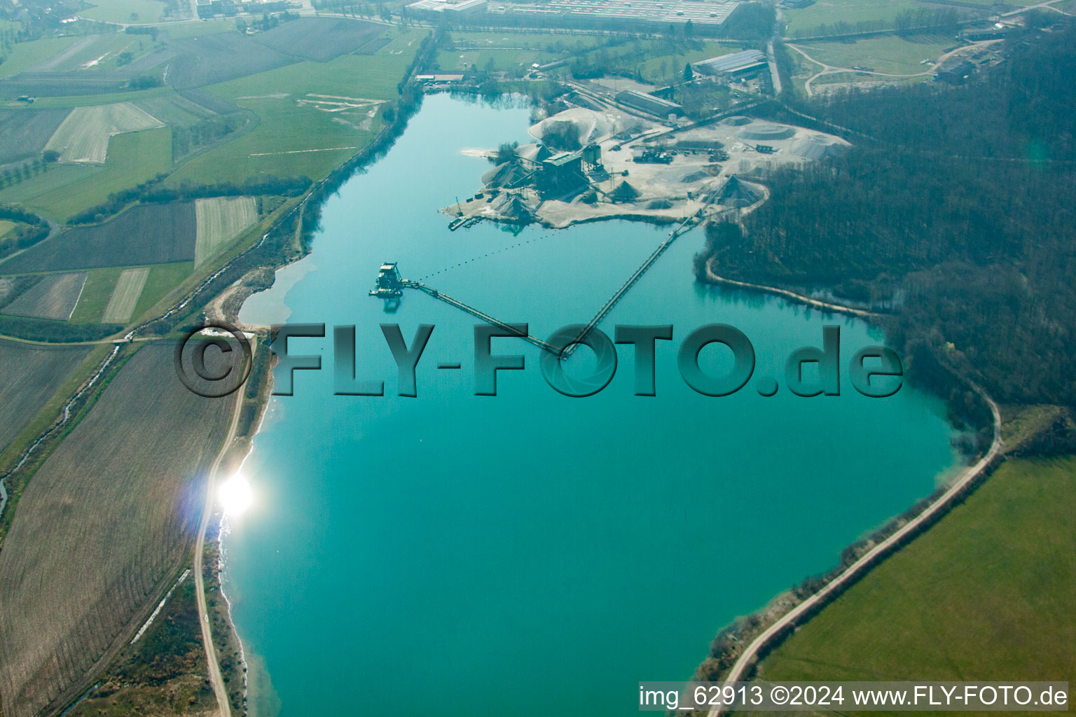 Aerial view of Quarry lake in the district Legelshurst in Willstätt in the state Baden-Wuerttemberg, Germany