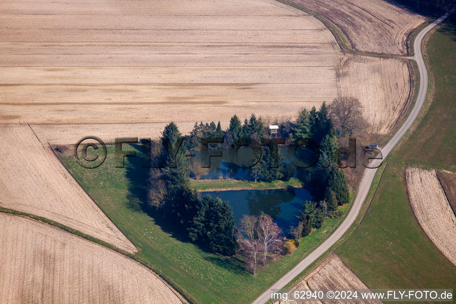 Aerial view of Fishpond in the district Legelshurst in Willstätt in the state Baden-Wuerttemberg, Germany