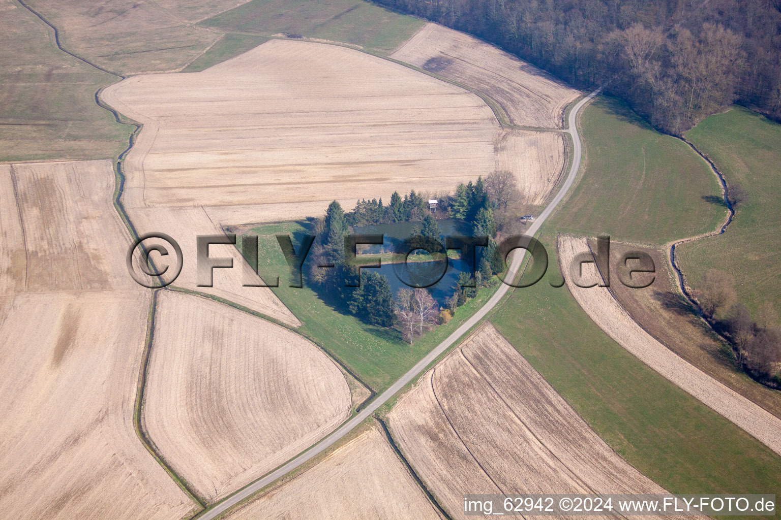 Aerial photograpy of Fishpond in the district Legelshurst in Willstätt in the state Baden-Wuerttemberg, Germany