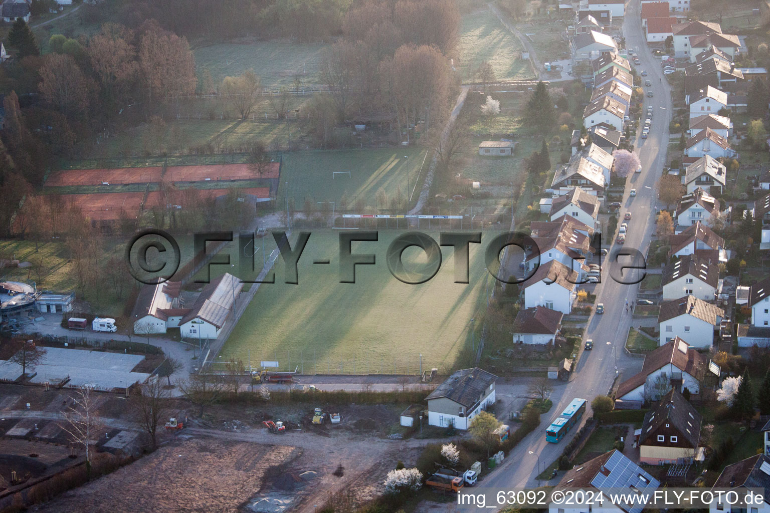 Sports fields in the district Ingenheim in Billigheim-Ingenheim in the state Rhineland-Palatinate, Germany from the drone perspective