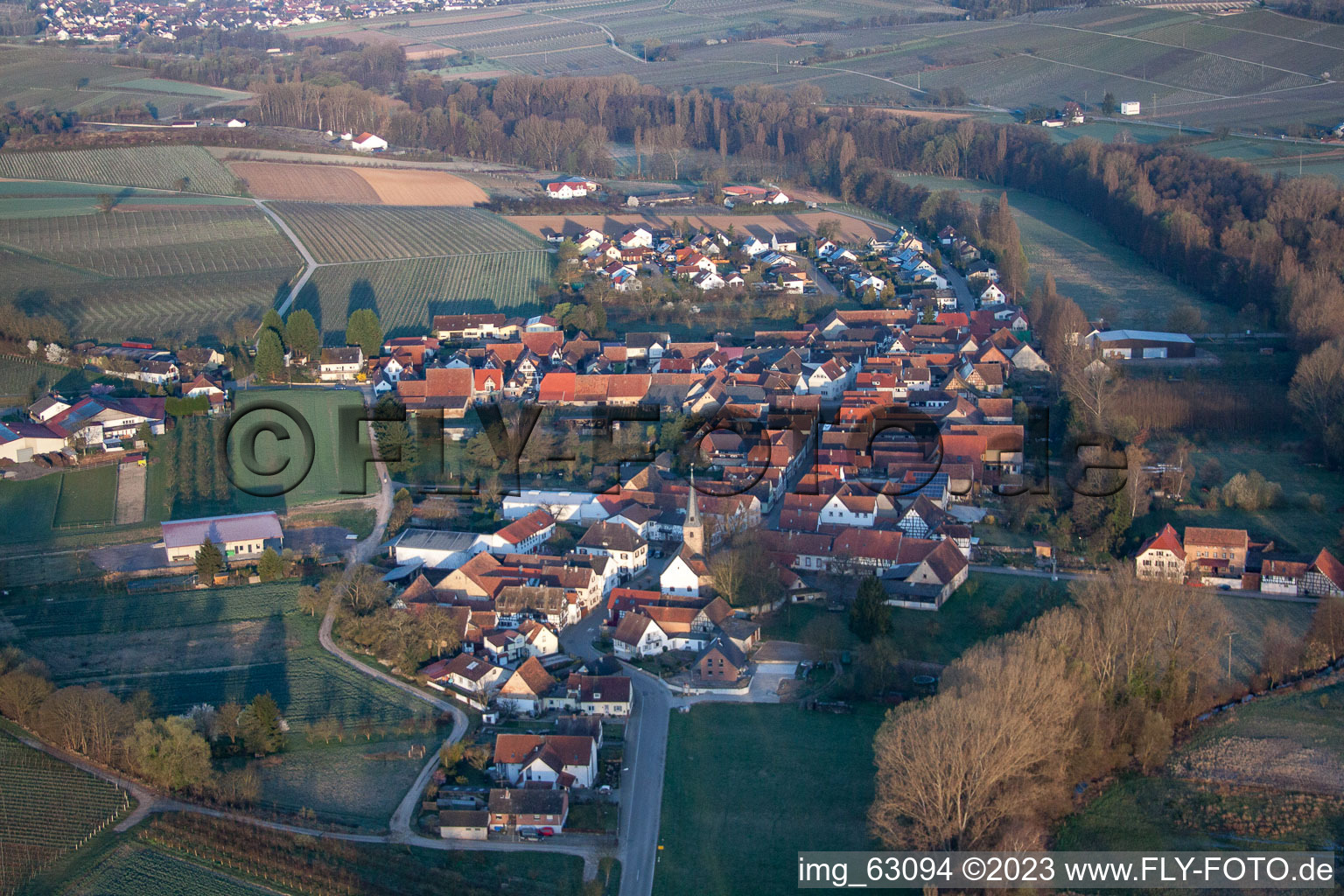 District Klingen in Heuchelheim-Klingen in the state Rhineland-Palatinate, Germany seen from above