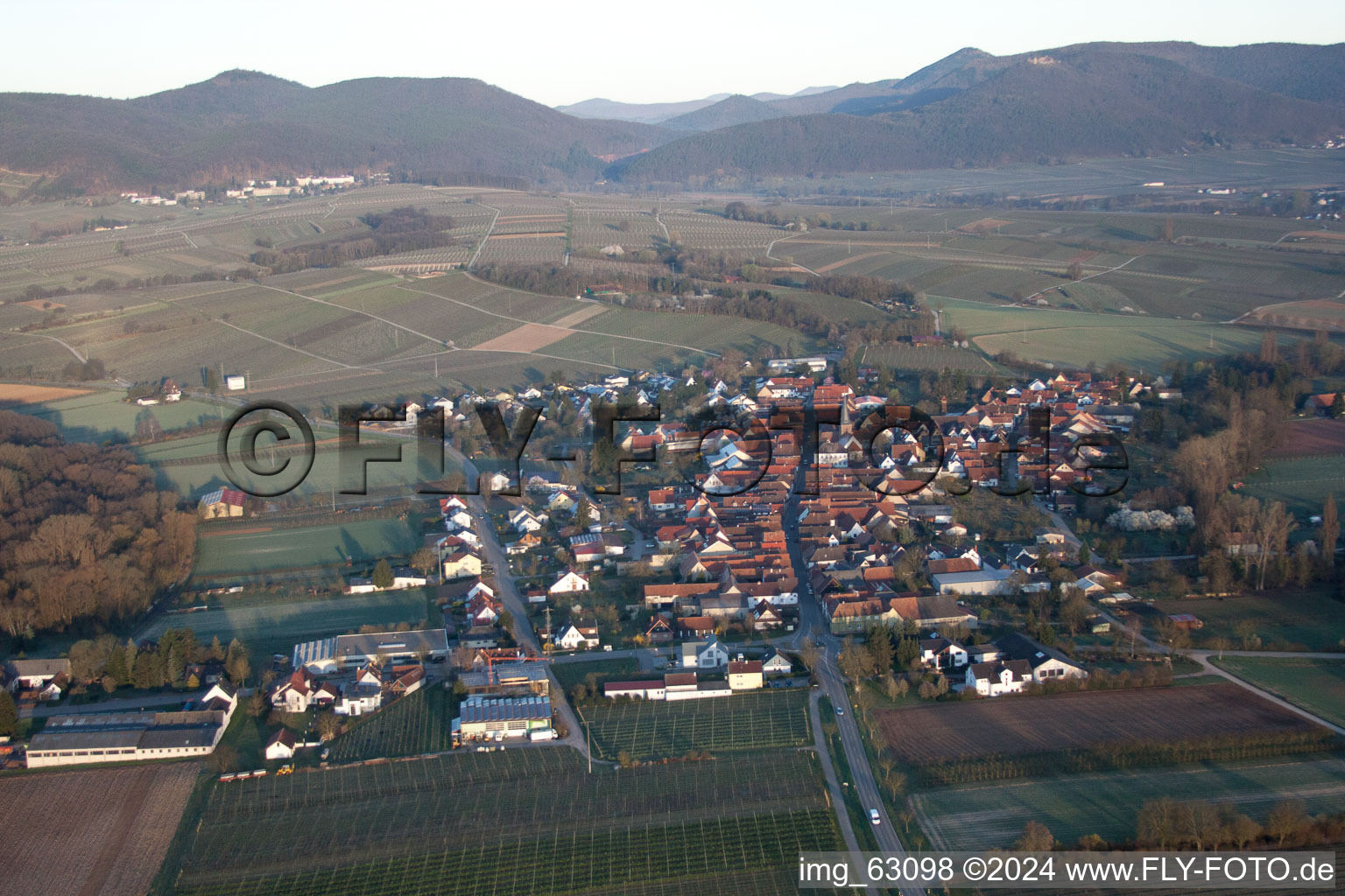 District Klingen in Heuchelheim-Klingen in the state Rhineland-Palatinate, Germany from the plane