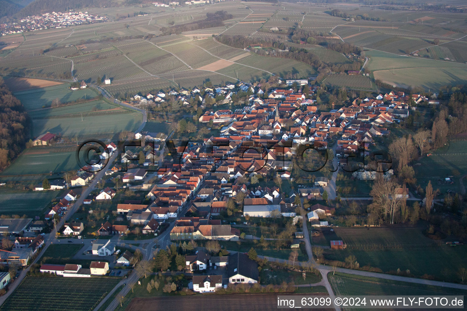 Drone image of District Klingen in Heuchelheim-Klingen in the state Rhineland-Palatinate, Germany