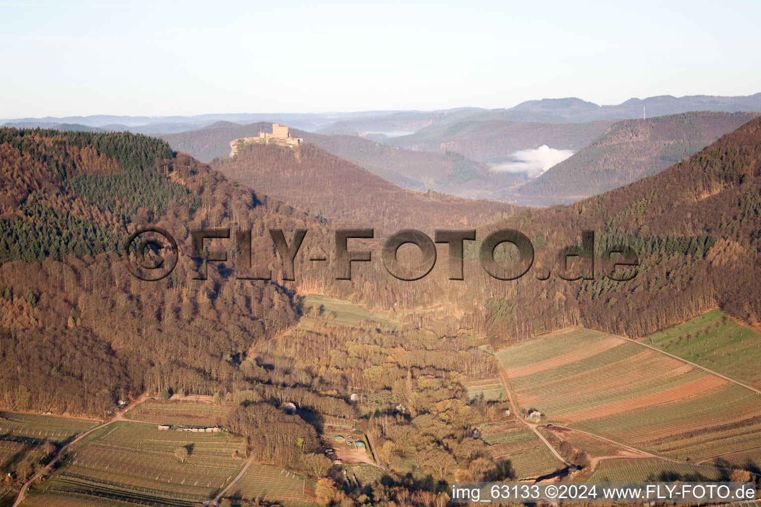 Trifels from the Ranschbach Valley in Ranschbach in the state Rhineland-Palatinate, Germany