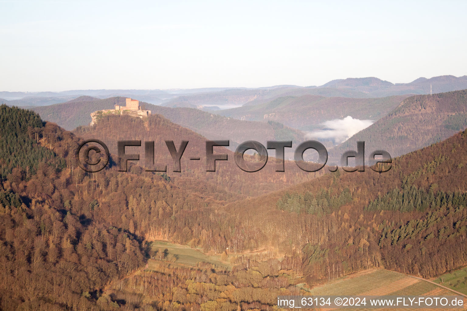 Aerial view of Trifels from the Ranschbach Valley in Ranschbach in the state Rhineland-Palatinate, Germany