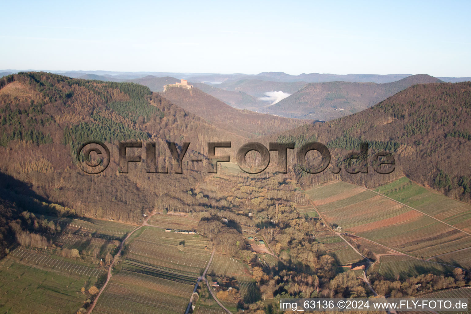 Aerial photograpy of Trifels from the Ranschbach Valley in Ranschbach in the state Rhineland-Palatinate, Germany