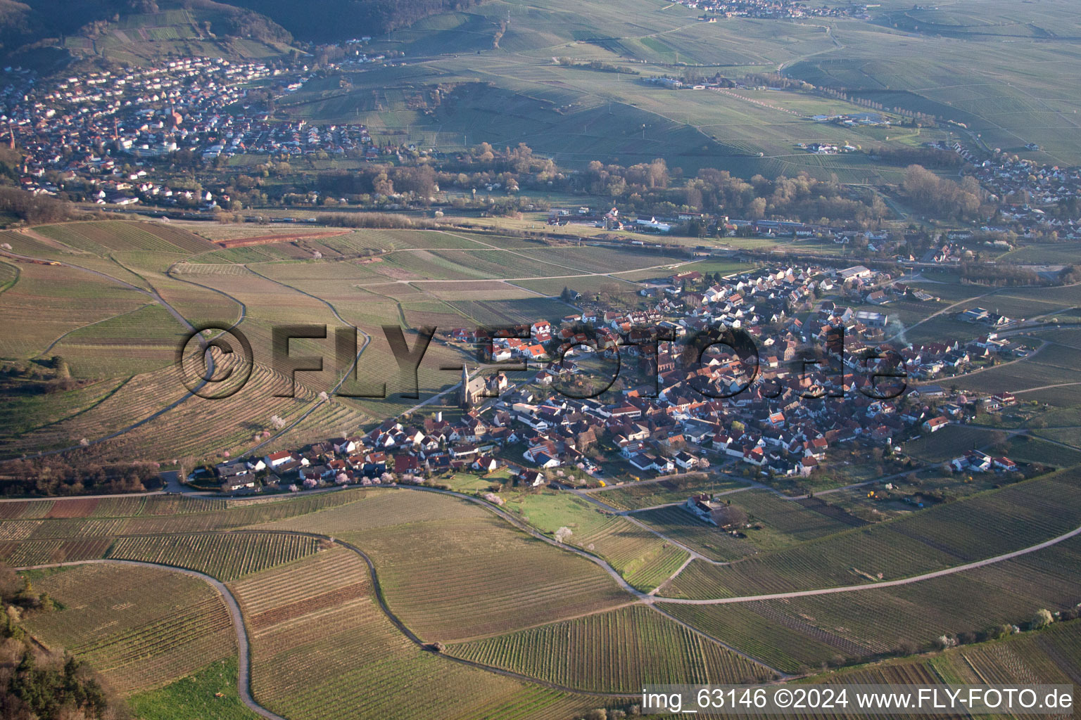 Village view of Birkweiler in the state Rhineland-Palatinate from the plane