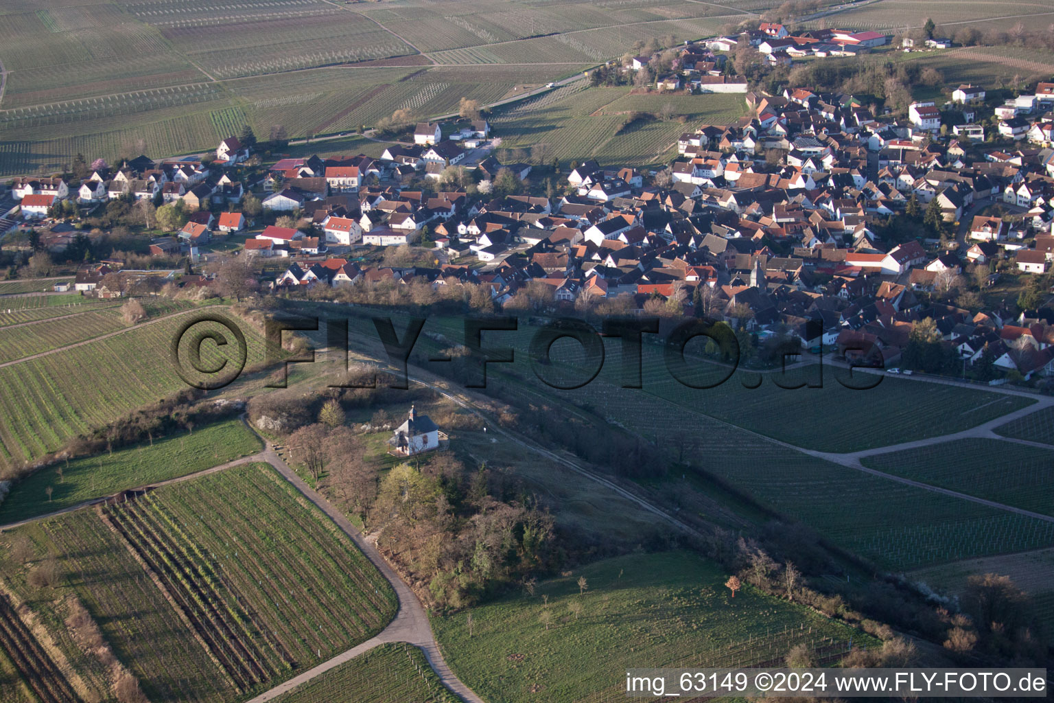 Aerial view of Churches building the chapel Kleine Kalmit in Ilbesheim bei Landau in der Pfalz in the state Rhineland-Palatinate