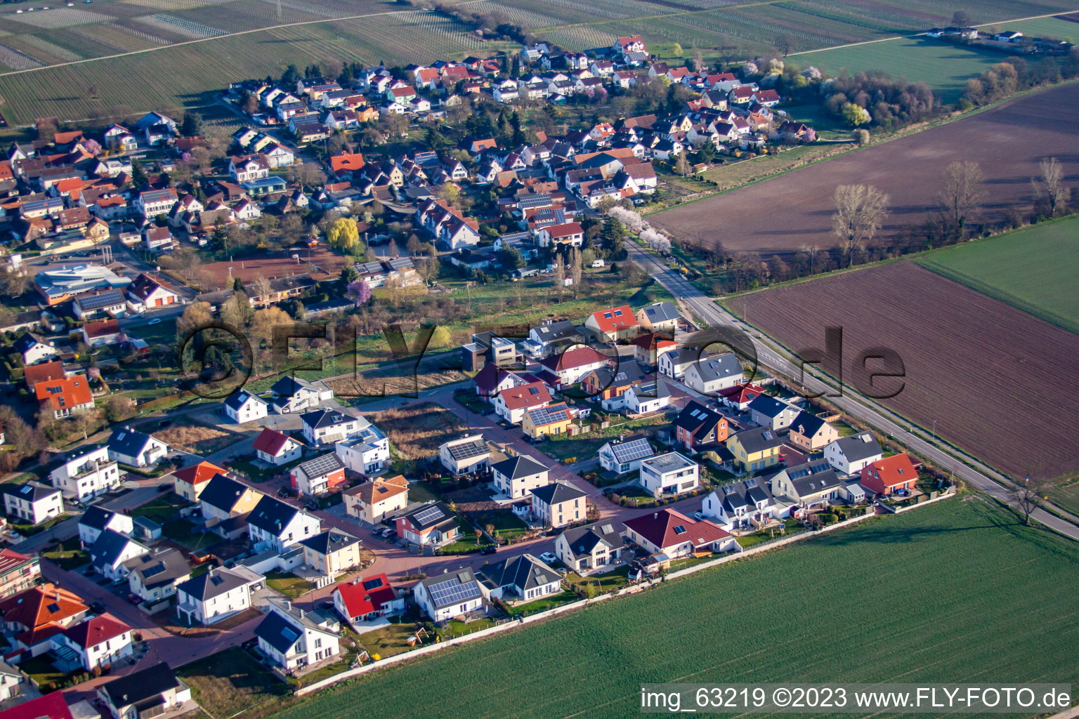 Aerial view of New development area Am Steinsteg, Trifelsblick in Bornheim in the state Rhineland-Palatinate, Germany