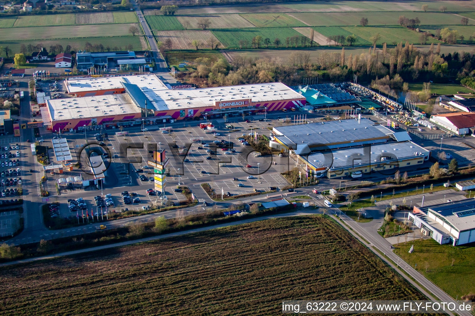 Aerial view of Hornbach parking lot in the district Dreihof in Bornheim in the state Rhineland-Palatinate, Germany