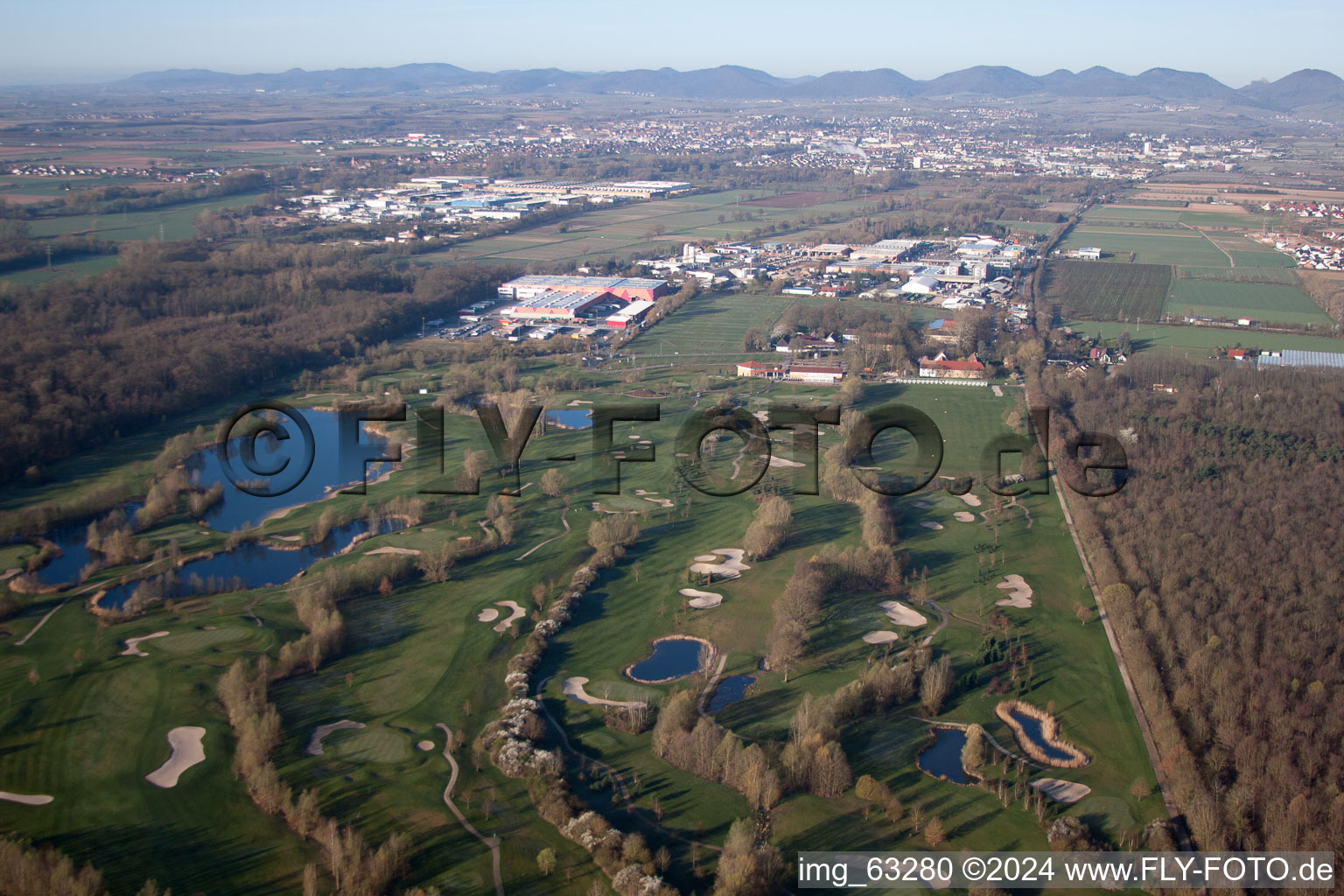 Drone recording of Grounds of the Golf course at Golfanlage Landgut Dreihof in Essingen in the state Rhineland-Palatinate