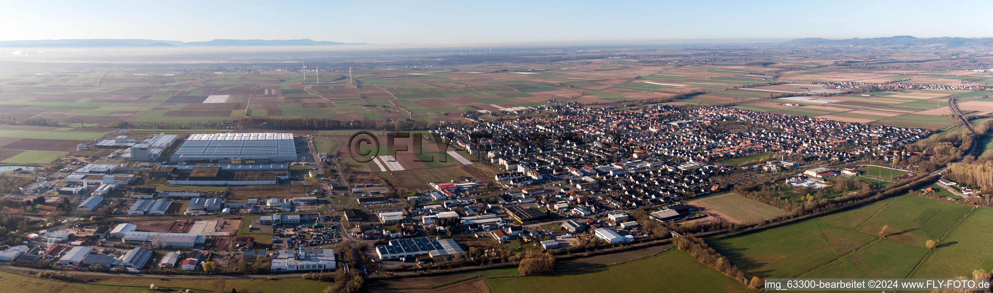 Aerial view of Panoramic perspective of Town View of the streets and houses of the residential areas in Offenbach an der Queich in the state Rhineland-Palatinate, Germany