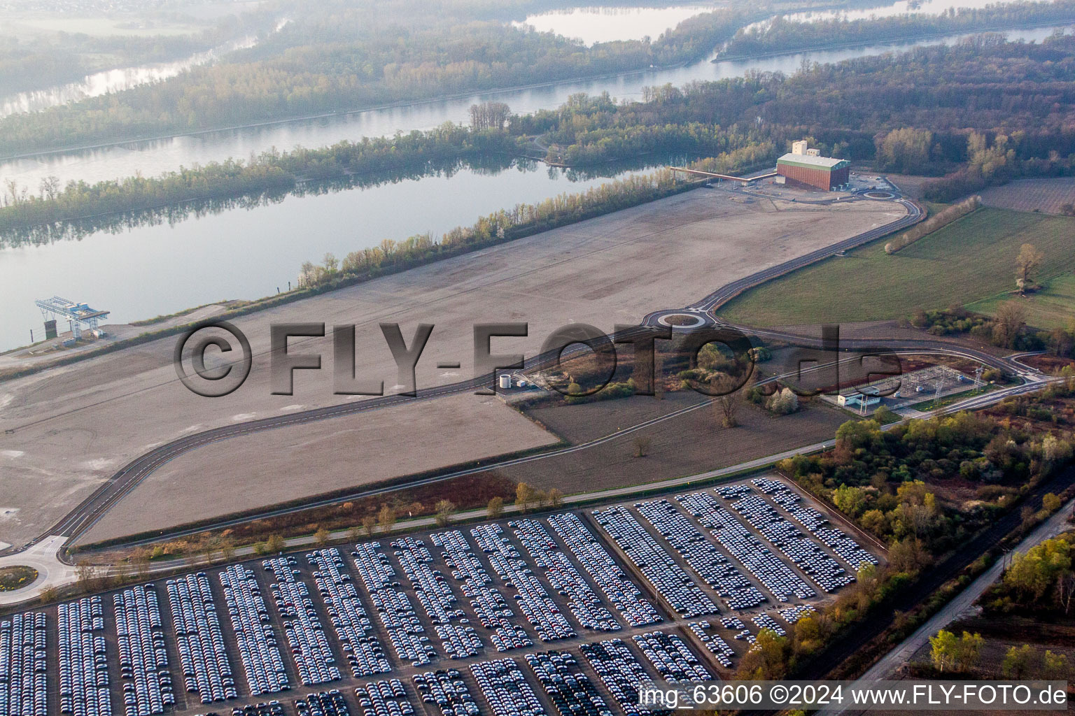 Aerial view of Construction of Port facilities on the banks of the river Rhine in Lauterbourg in Grand Est, France