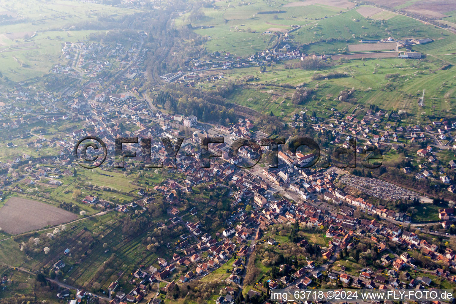 Aerial view of Town View of the streets and houses of the residential areas in Niederbronn-les-Bains in Grand Est, France