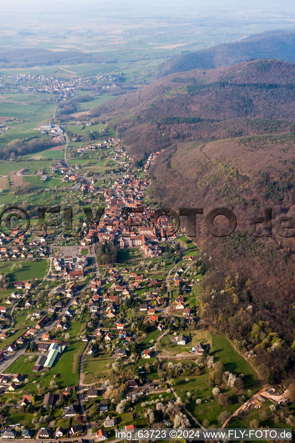 Aerial view of Town View of the streets and houses of the residential areas in Oberbronn in Grand Est, France