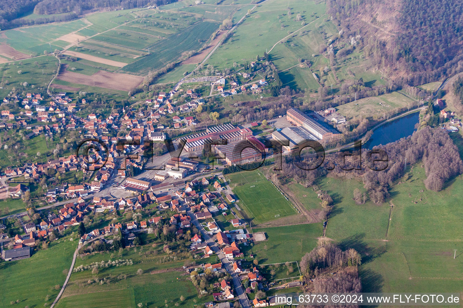 Aerial view of Building and production halls on the premises of De Dietrich Process Systems in Zinswiller in Grand Est, France