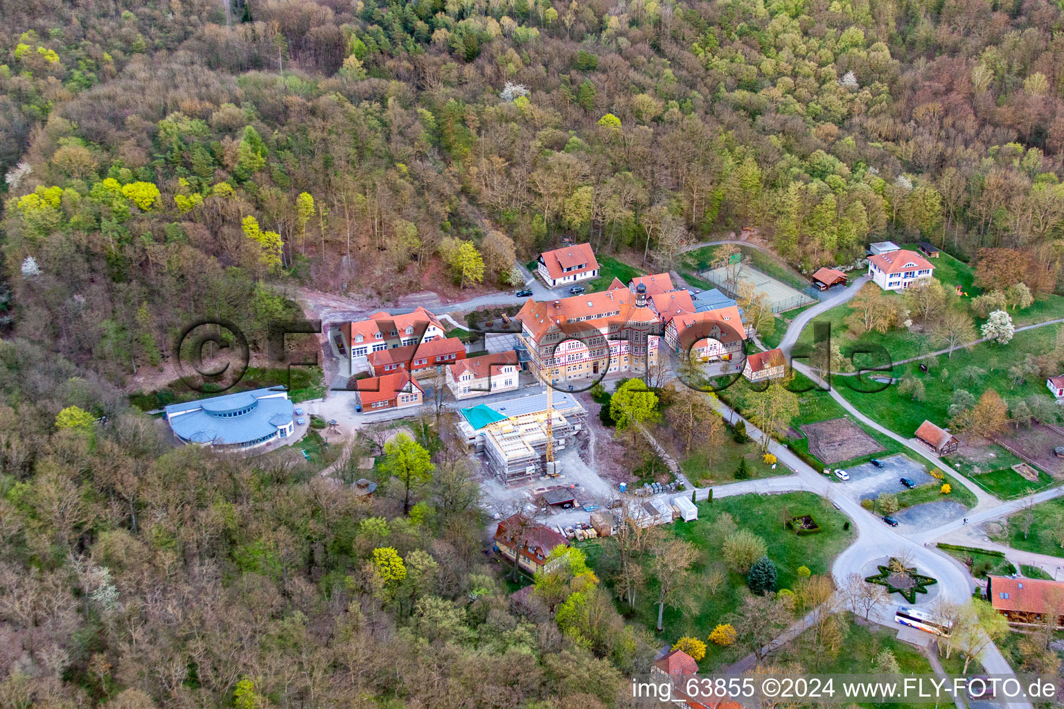 Aerial view of School building of the Hermann-Lietz-Schule boarding school in the Thuringian Forest in the district Haubinda in Westhausen in the state Thuringia, Germany