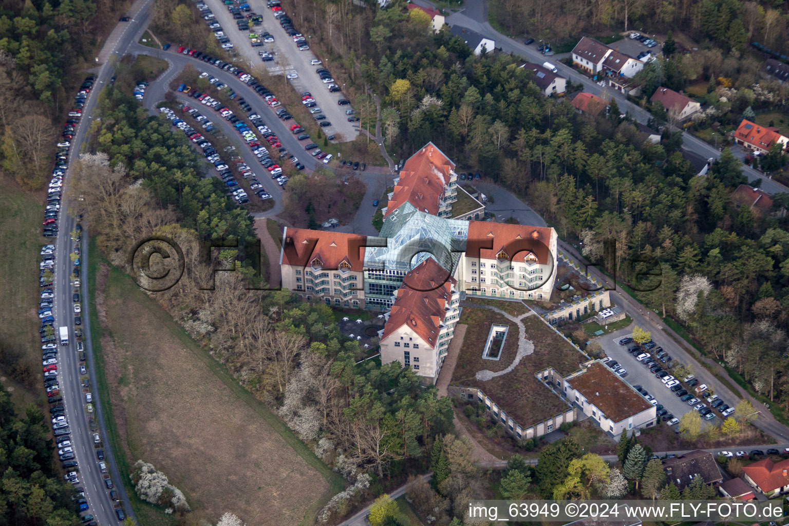 Oblique view of Hospital grounds of the Clinic Neurologische Klinik Bad Neustadt on Saale in Bad Neustadt an der Saale in the state Bavaria, Germany