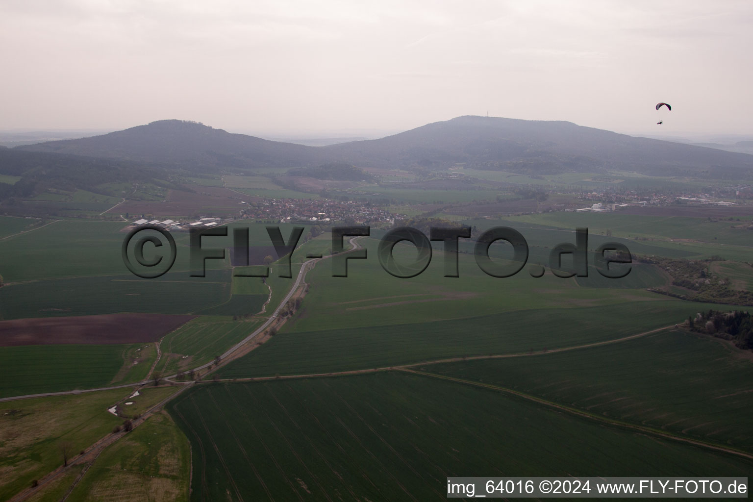 Flying around the Gleichberge in Westenfeld in the state Thuringia, Germany