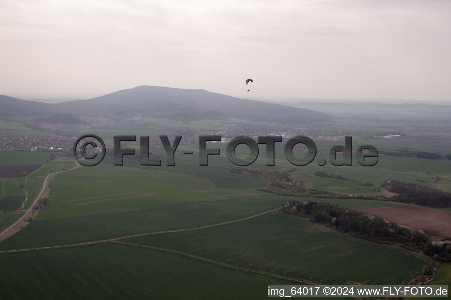 Aerial view of Flying around the Gleichberge in Westenfeld in the state Thuringia, Germany