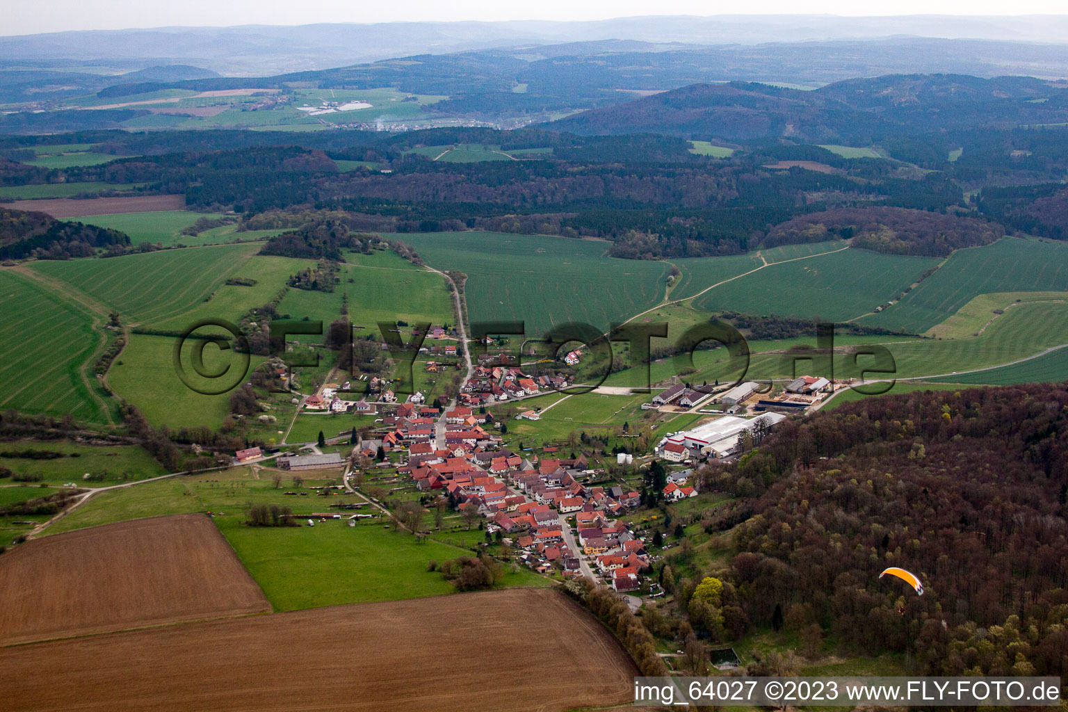 Aerial view of Dingsleben in the state Thuringia, Germany