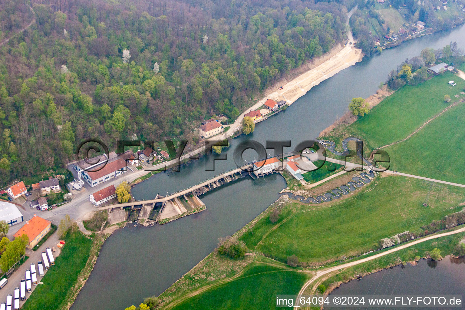 Aerial view of Locks - plants on the banks of the waterway of the Main in the district Hausen in Bad Staffelstein in the state Bavaria, Germany