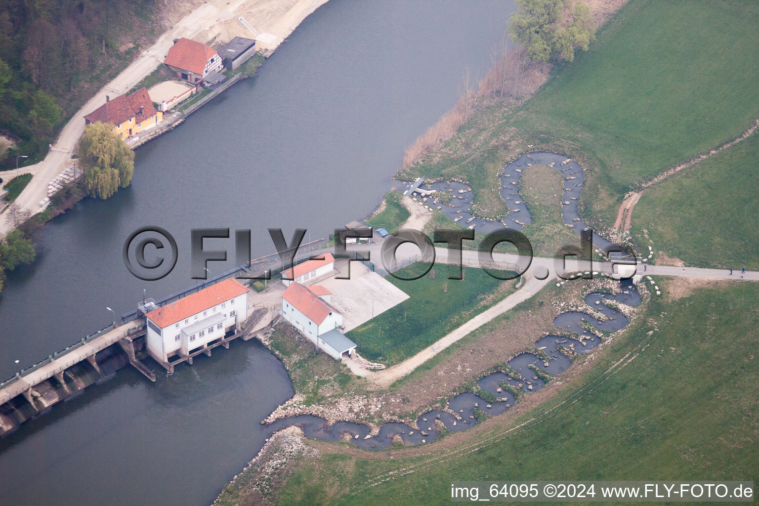 Aerial photograpy of Locks - plants on the banks of the waterway of the Main in the district Hausen in Bad Staffelstein in the state Bavaria, Germany