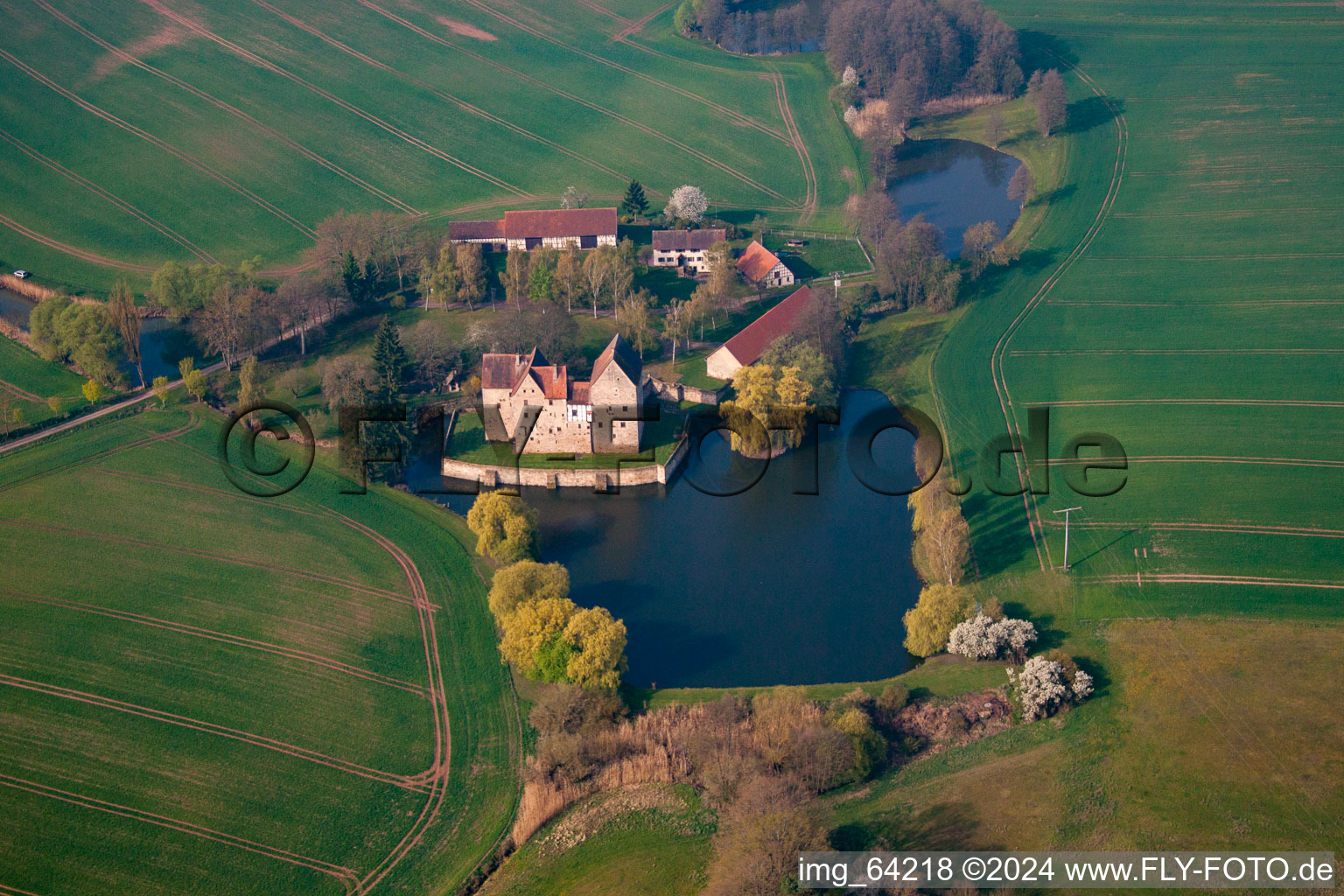 Aerial photograpy of Building and castle park systems of water castle Brennhausen in the district Brennhausen in Sulzdorf an der Lederhecke in the state Bavaria, Germany