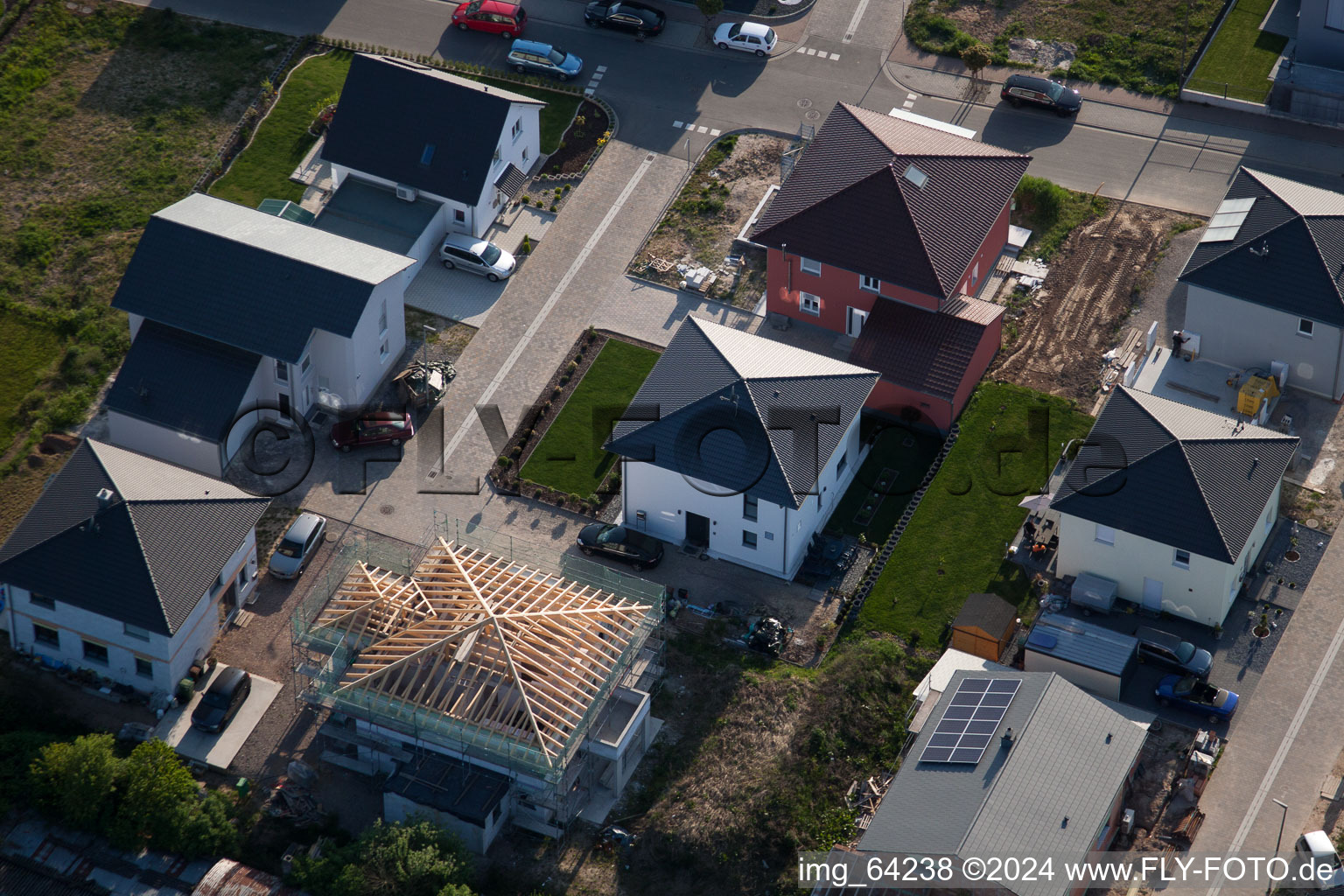 New development area east in Minfeld in the state Rhineland-Palatinate, Germany from above