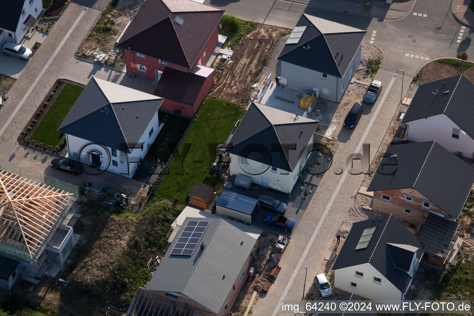 New development area east in Minfeld in the state Rhineland-Palatinate, Germany seen from above