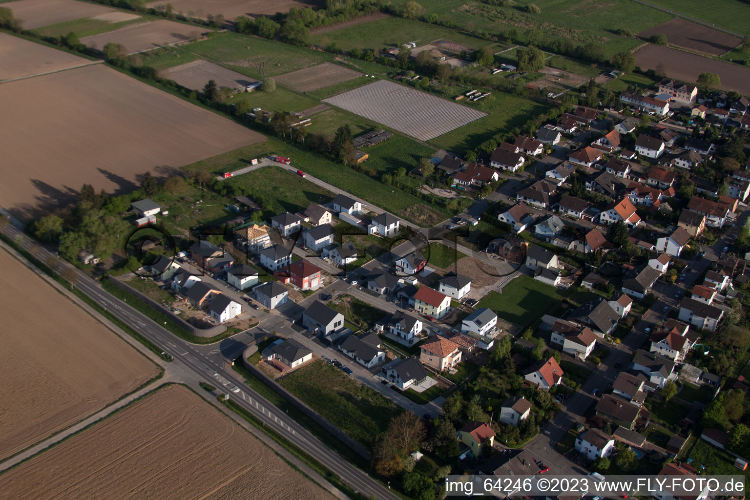 New development area east in Minfeld in the state Rhineland-Palatinate, Germany from the drone perspective