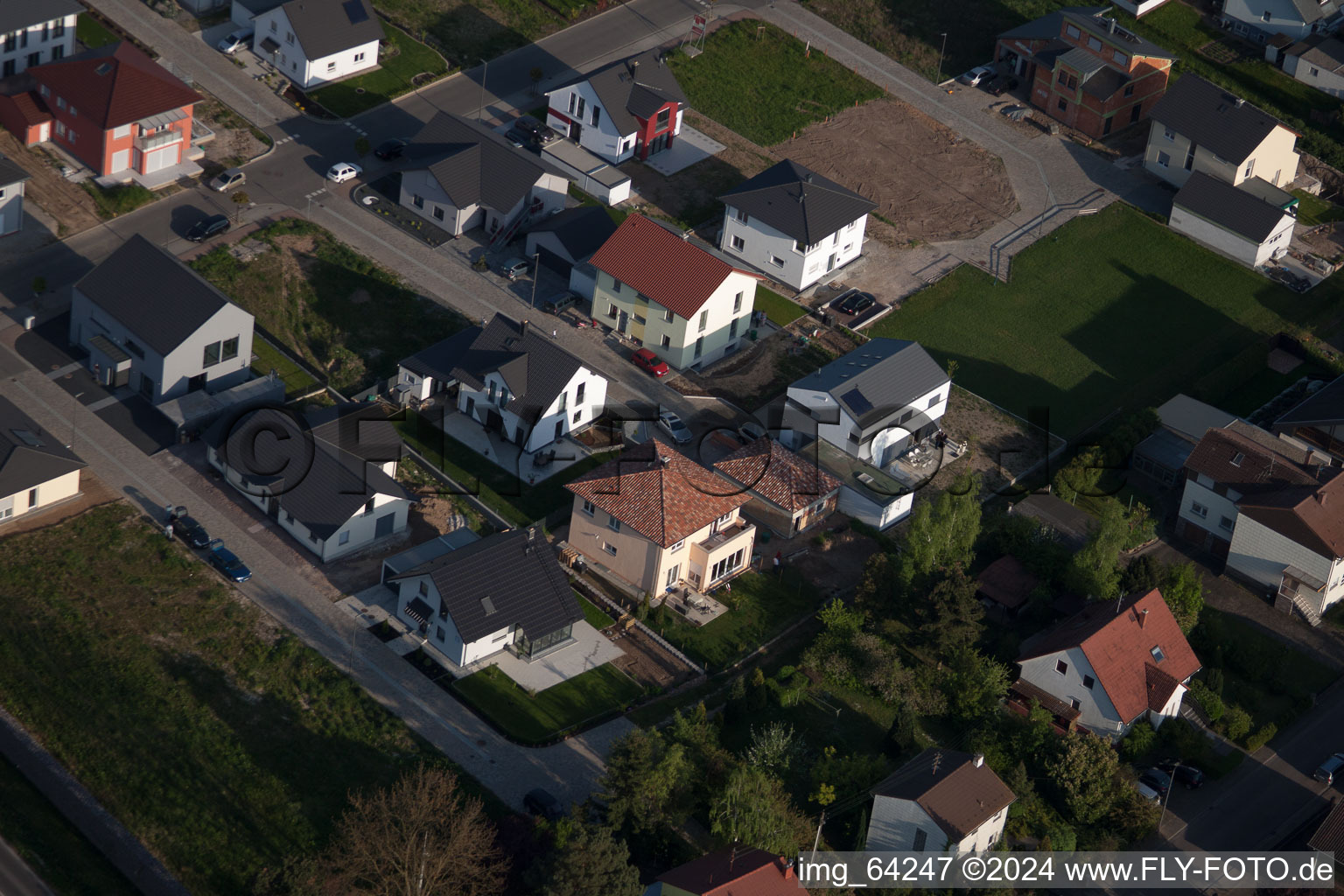 New development area east in Minfeld in the state Rhineland-Palatinate, Germany from a drone