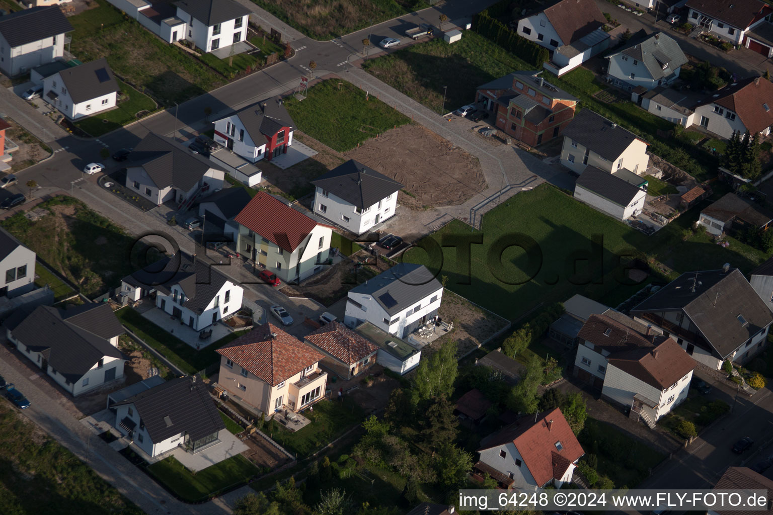 New development area east in Minfeld in the state Rhineland-Palatinate, Germany seen from a drone