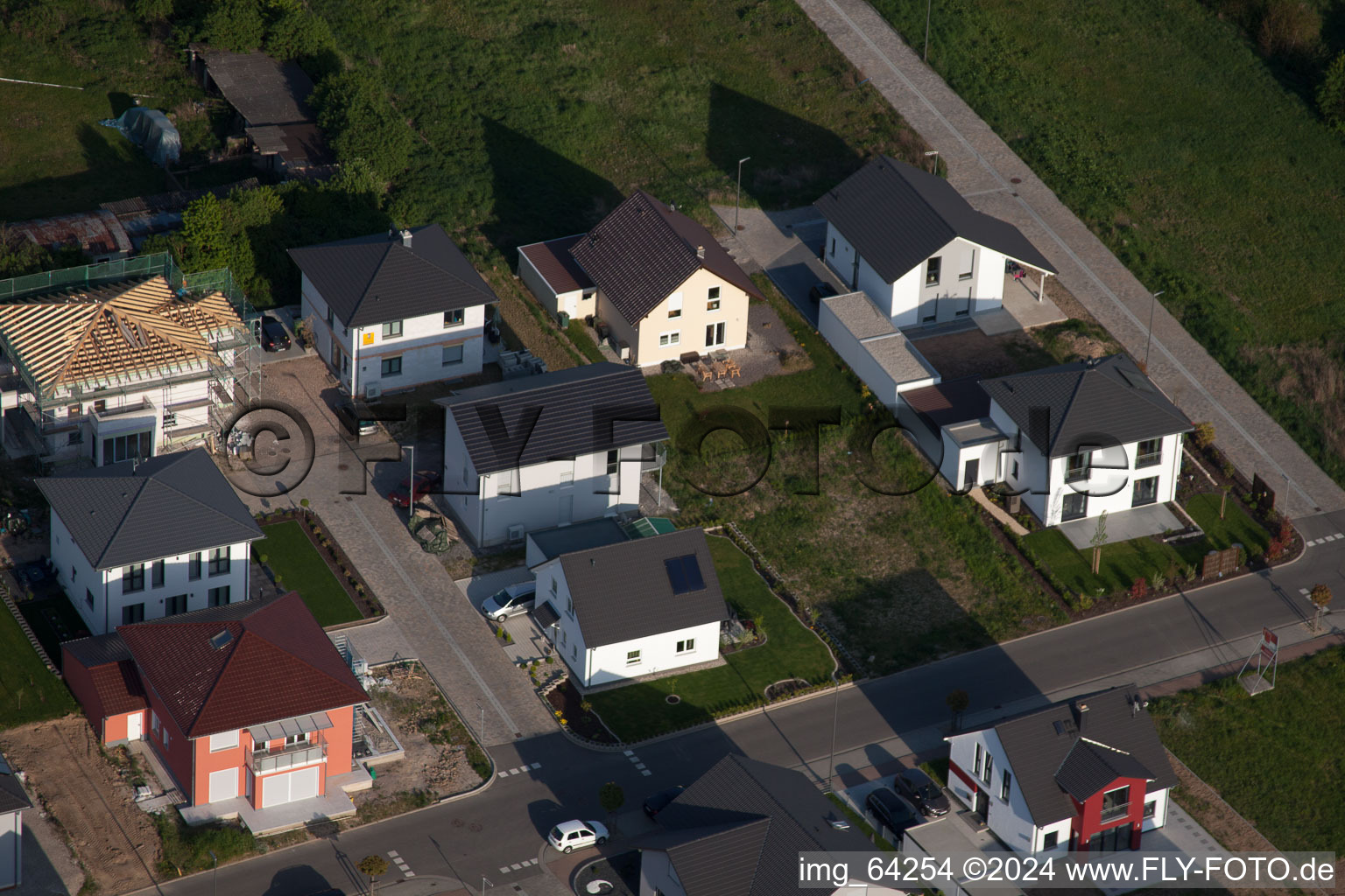 New development area east in Minfeld in the state Rhineland-Palatinate, Germany seen from above