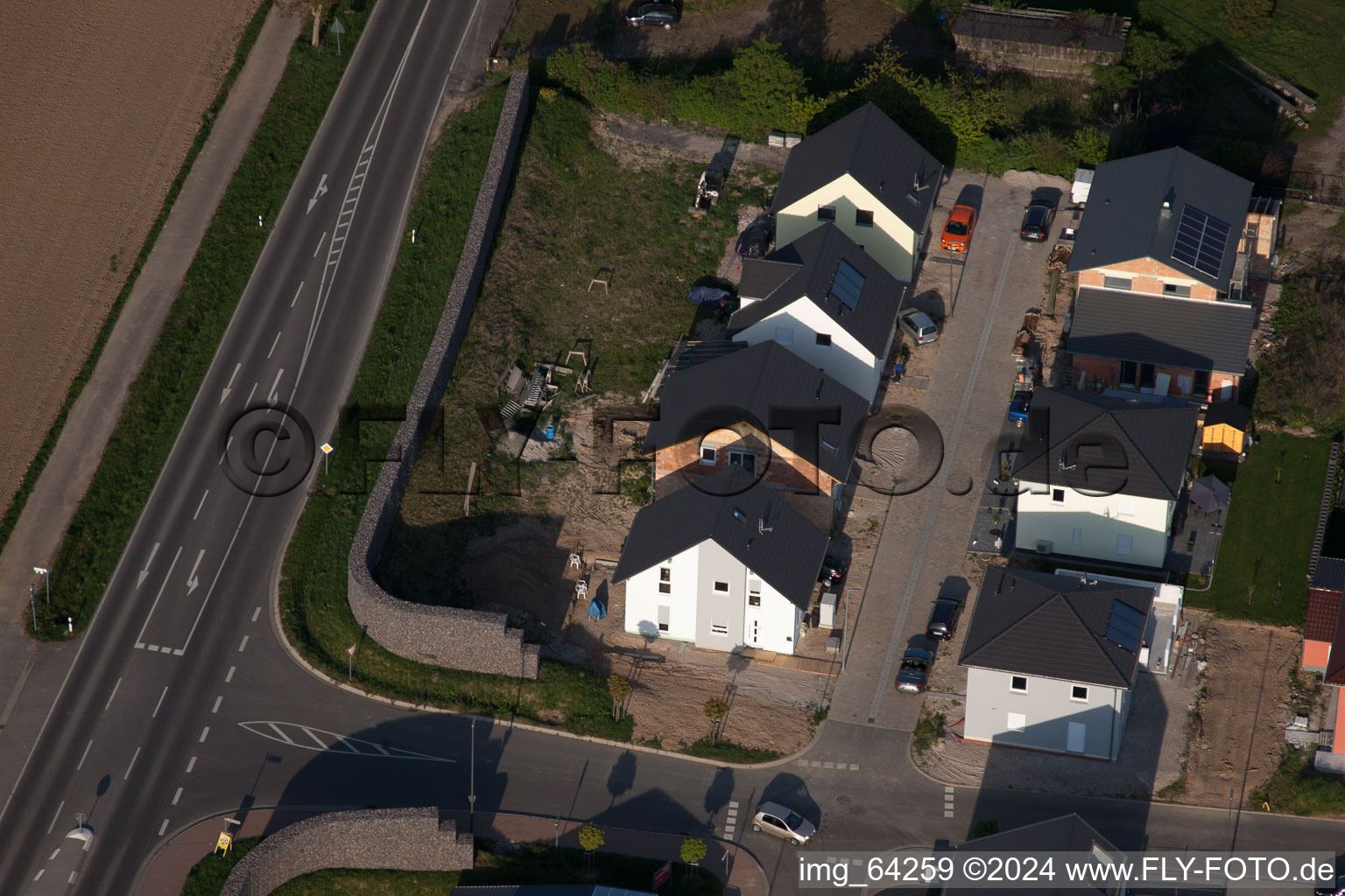 Drone recording of New development area east in Minfeld in the state Rhineland-Palatinate, Germany